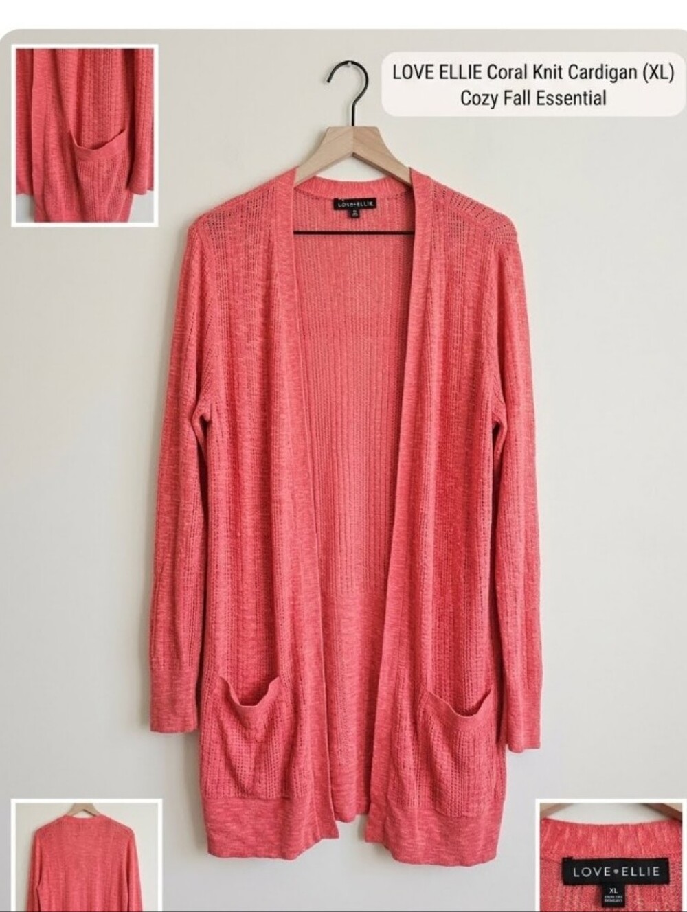 LOVE + ELLIE Xl Coral Open-Front Knit Cardigan Womens Top Long Sleeve Sweater